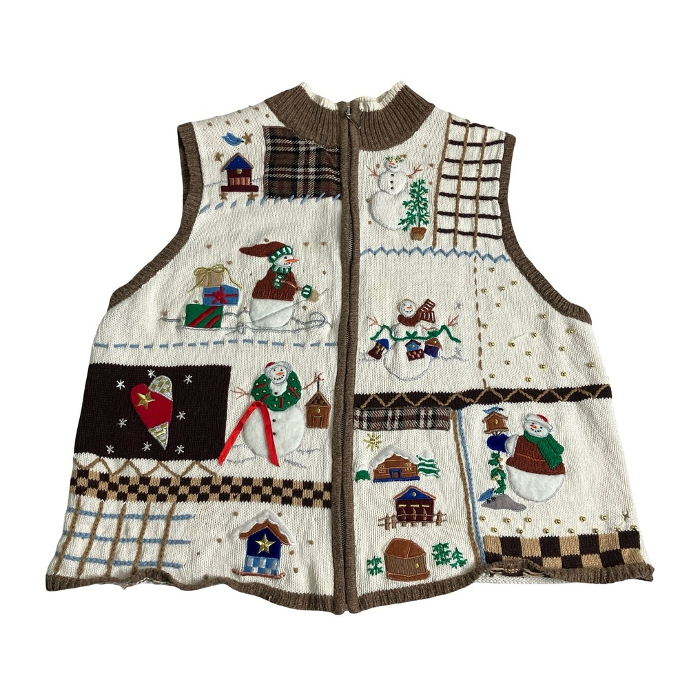 Vintage Designers Originals Studio Joy Sweater Vest Womens L Cream Snowman Zip